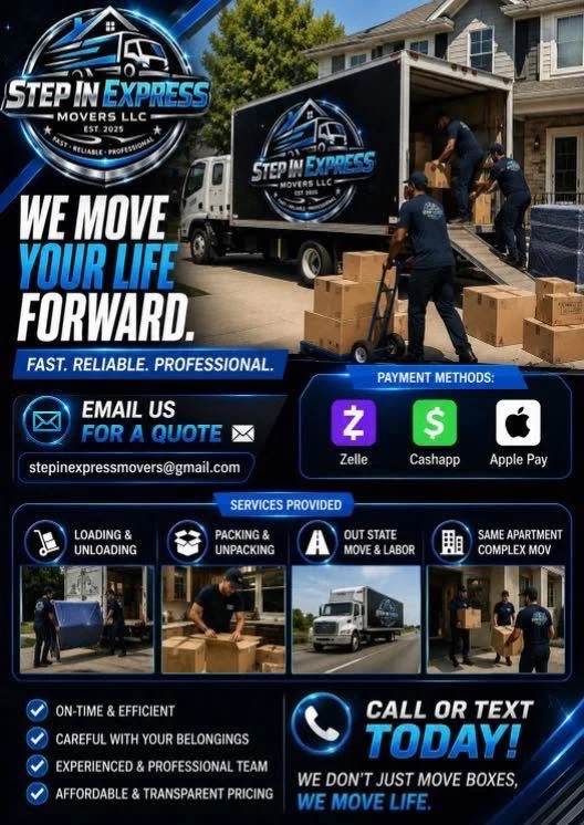 Step In Express moving company graphic with services and quote email