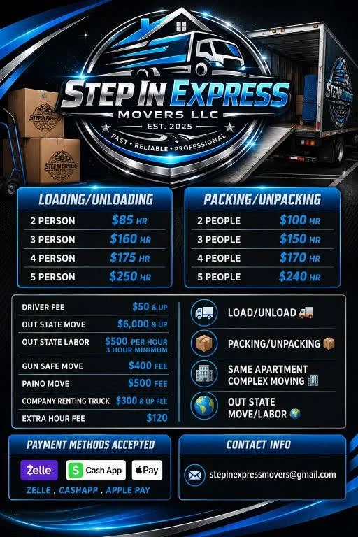 Step In Express Movers LLC rates and services graphic