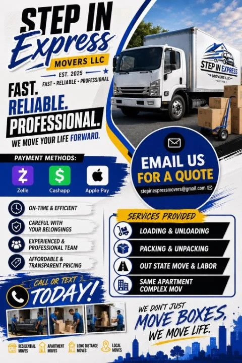 Step In Express profile graphic with truck and service list